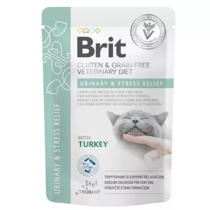 Brit Gluten & Grain Free veterinarska dieta Urinary&Stress Relief Puran 85g omaka s koščki za mačke
