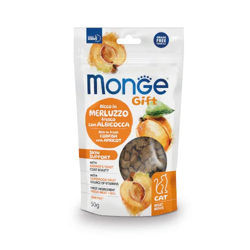 Monge Gift Meat Minis Skin poslastice za mačke – polenovka in marelica 50 g