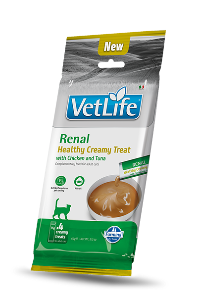 Farmina Vetlife | kremasti priboljški za mačke za podporo ledvicam, piščanec & tuna 4x15g